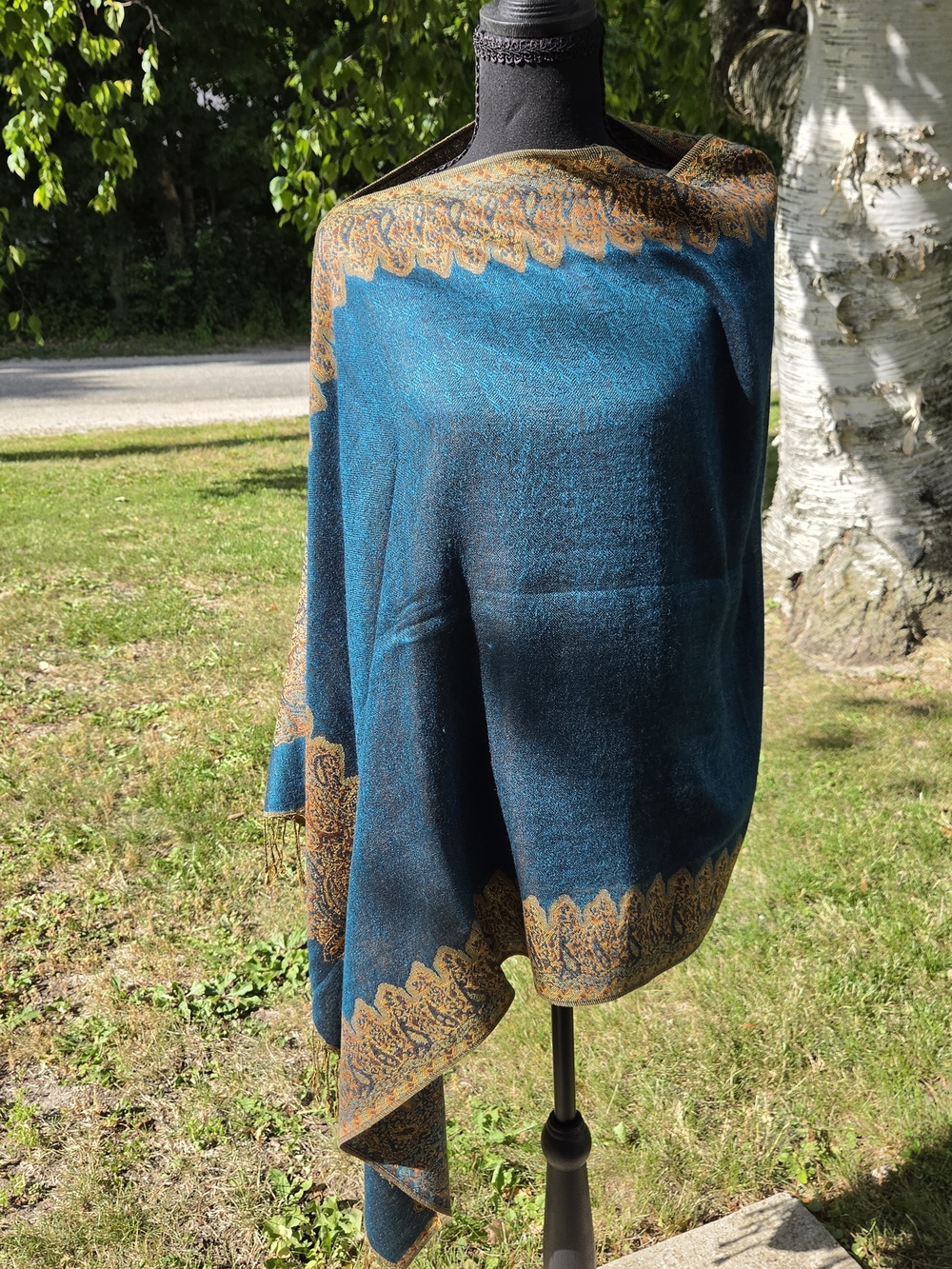 Teal & Gold Paisley-Trimmed Wrap Shawl